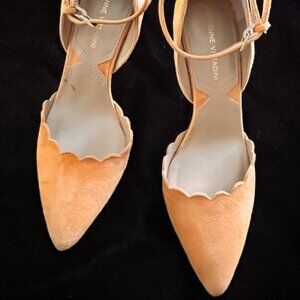 Adrienne Vittadini Scalloped Suede Ankle‑Strap Heels Peach